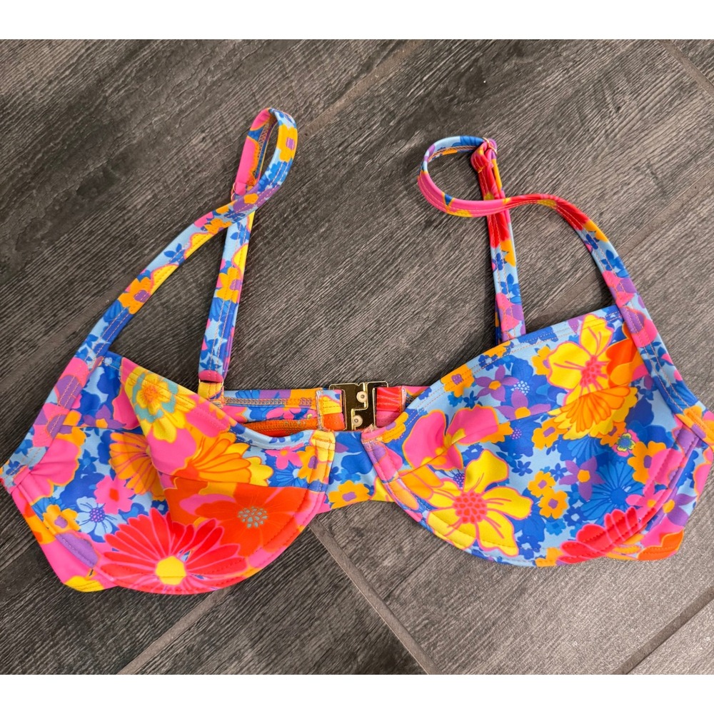 Kulani Kinis Ruched Underwire Bikini Top Floral Retro Pink Orange Blue Small